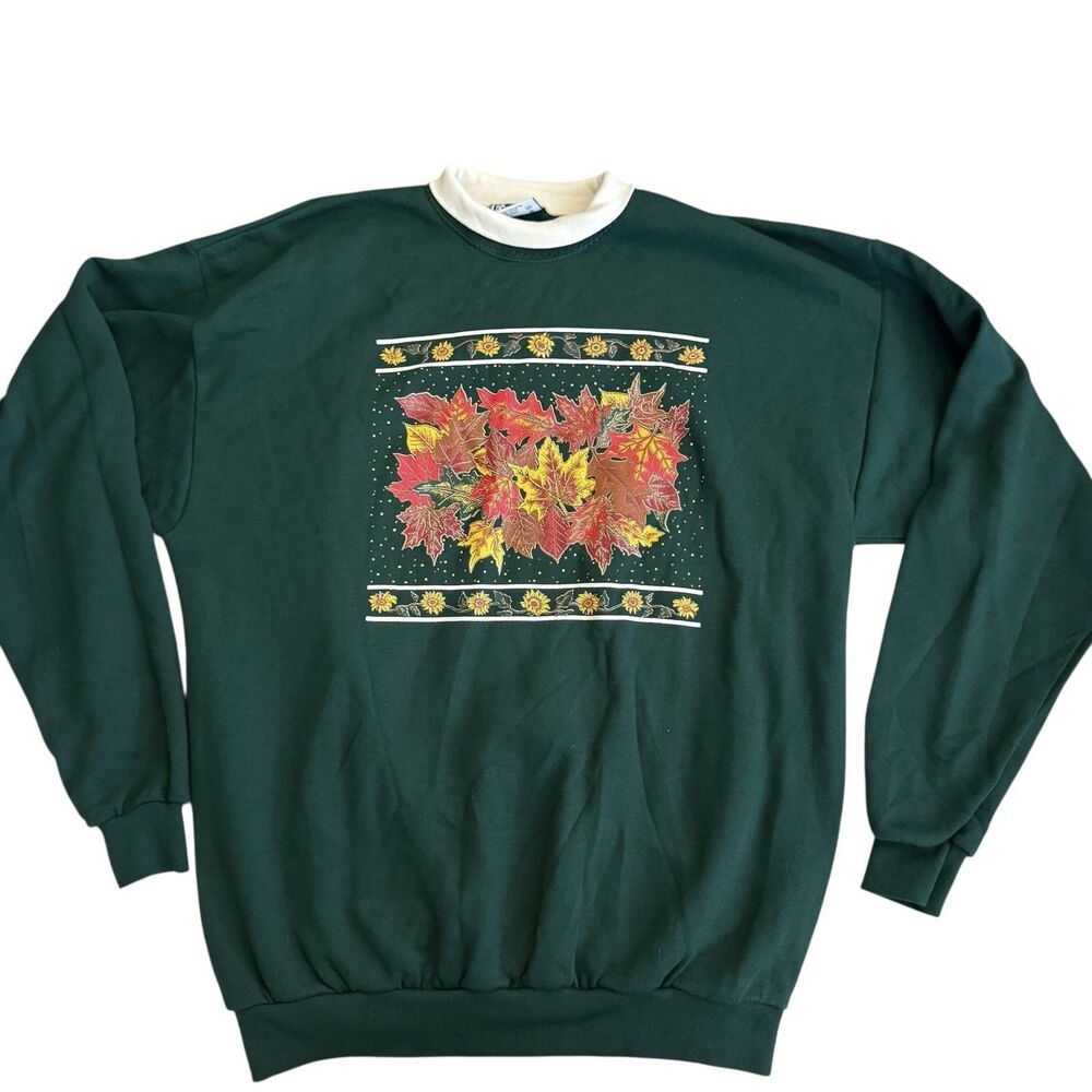 Vtg 1995 Endless Designs‎ Inc. XL Fall Leaves Sweater USA Made Green